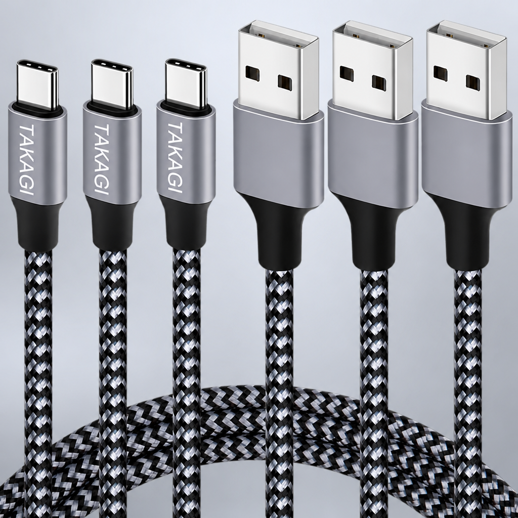 TAKAGI USB to USB C Cable (3Pack 6ft) USB A to Type C Cable Fast Charging Nylon Braided Data Sync Transfer Cord USB C Charger for iPhone 17 Pro Max/17 Air/16e/16 15 Pro/15 Plus/Galaxy S20 S10 Note 20