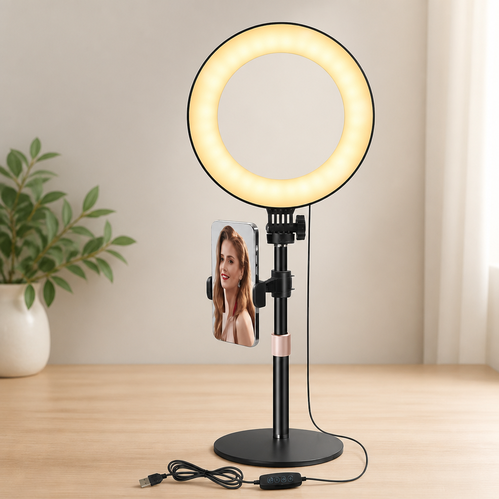 MACTREM 10“ Desk Ring Light with Stand, Desktop LED Circle Halo Light with Phone Holder for Computer Zoom Meeting, Laptop Light for Conference Video Calls, Live Streaming, Podcast, Selfie, Makeup