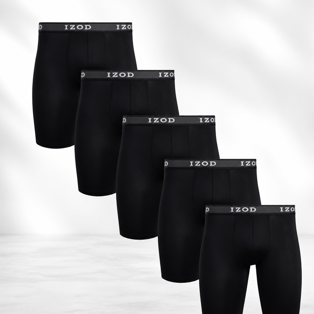 IZOD Mens Boxer Briefs - 5 Pack Performance Stretch Long Leg Mens Underwear Boxers with Contour Pouch, 9" Inseam