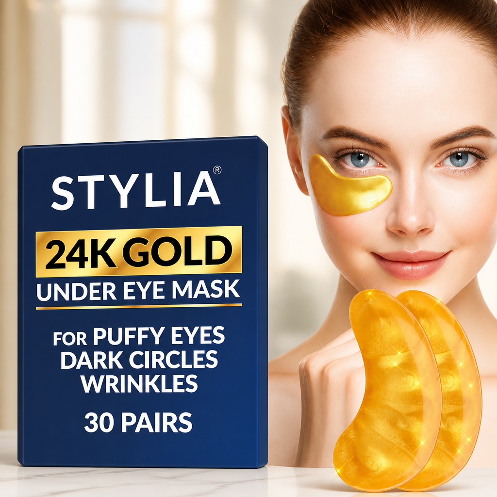 Stylia Under Eye Patches for Puffy Eyes and Dark Circles (30 Pairs) - 24k Gold Under Eye Mask with Vitamin C, Hyaluronic Acid, Pearl Extract - Eye Masks for Dark Circles and Puffiness