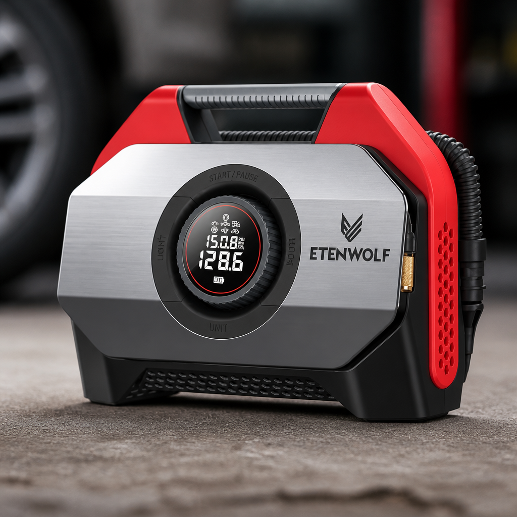 ETENWOLF VORTEX S6 Tire Inflator Portable Air Compressor for Heavy-duty Vehicle, Cordless Air Pump for Car & Inflatables with 19200 mAh Battery, 100% Duty Cycle & Dual Cylinder Bike Pump, Red